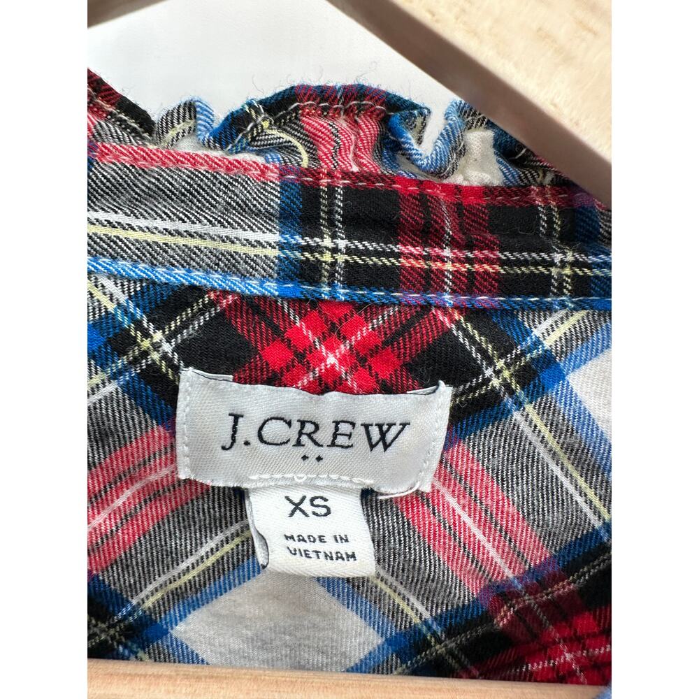 J.Crew‎ Factory Plaid Button Front Shirt Women Sz XS Ruffle Preppy Holiday Party - Picture 5 of 8
